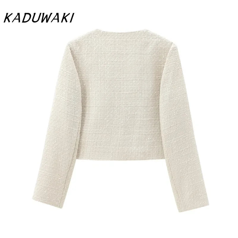 KADUWAKI Fashion Retro Round Neck Long-sleeved Chunky Jackets Casual Ins Classic Loose Outwear Small Perfume Short Coats بلوزات
