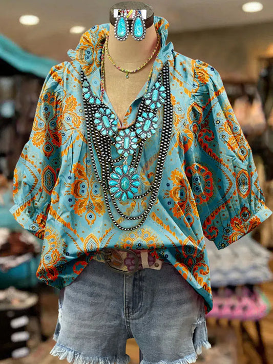 Floral Puff Sleeve Contrast Top Women Blouse