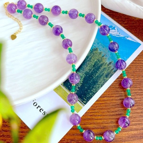 Amethyst-Grüner Onyx-Perlenhalskette und -Armband
