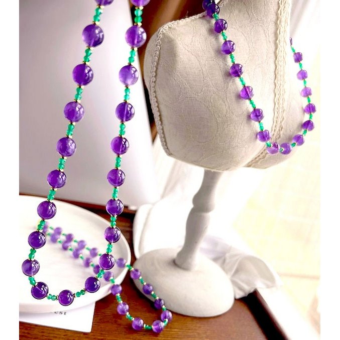 Amethyst-Grüner Onyx-Perlenhalskette und -Armband