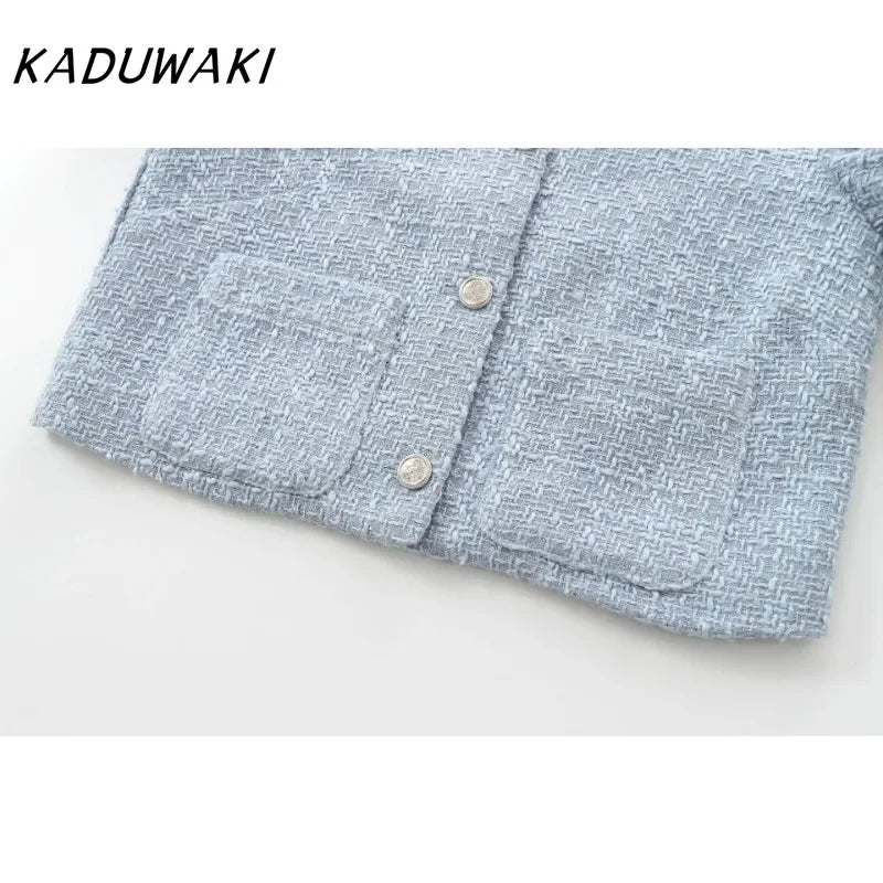 KADUWAKI Fashion Retro Round Neck Long-sleeved Chunky Jackets Casual Ins Classic Loose Outwear Small Perfume Short Coats بلوزات