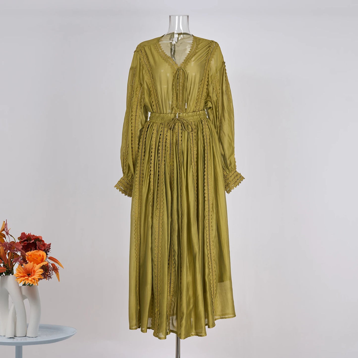 Elegant Hollow Out Maxi Dress 2 Piece Sets Women Big Size Lantern Sleeve Embroidery Shirts + Long Skirts Suits Luxury Outfits