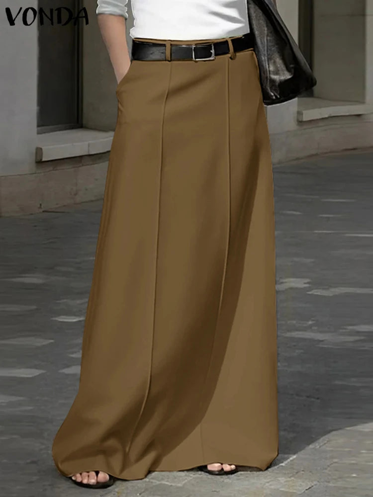 Plus Size 5XL Women Elegant Maxi Skirts Solid Color Skirt 2024 VONDA Fashion Pleated Casual Loose Pockets High Waist Bottoms