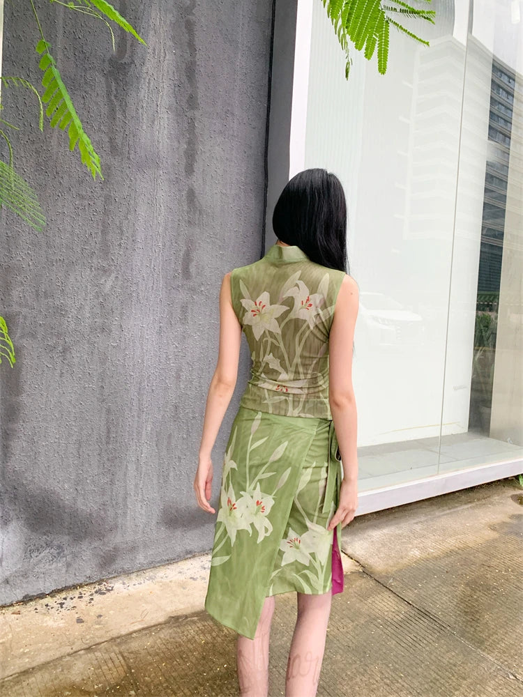 CHEERART Two Piece Set For Women Elegant Summer Outfit Green Lily Floral Vintage Top And Skirt Set Ladies Clothes 2024