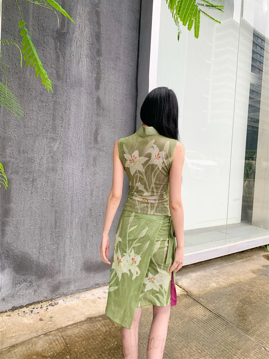 CHEERART Two Piece Set For Women Elegant Summer Outfit Green Lily Floral Vintage Top And Skirt Set Ladies Clothes 2024