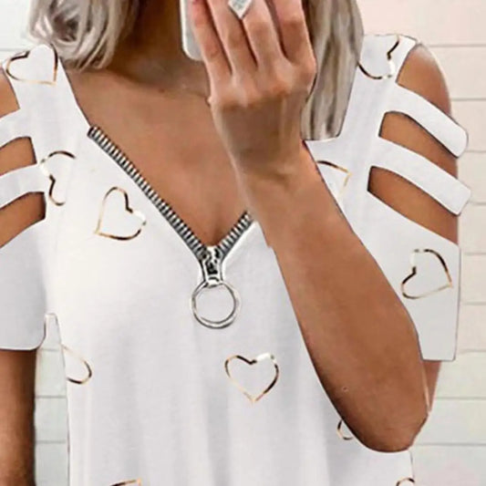 Women Summer Top V Neck Low-cut Hollow Out Short Sleeves T-shirt Match Pants Loose Plus Size Women Blouse Women Clothes