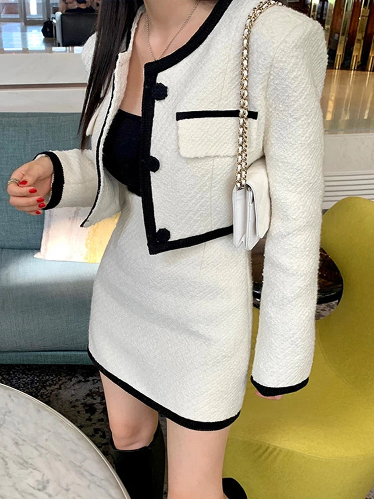 Small Fragrance Vintage Tweed Two Piece Set Elegant Korea Women Long Sleeve Short Jacket Coat + Mini Skirts 2024 New Autumn