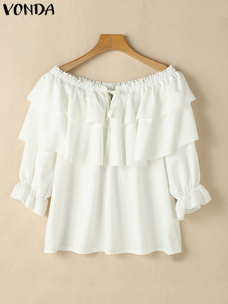 Plus Size 5XL VONDA Women Blouse Fashion Solid Color Off Shoulder Tunic 2024 Casual Multi-layer Ruffle Shirts Bohemian Tops