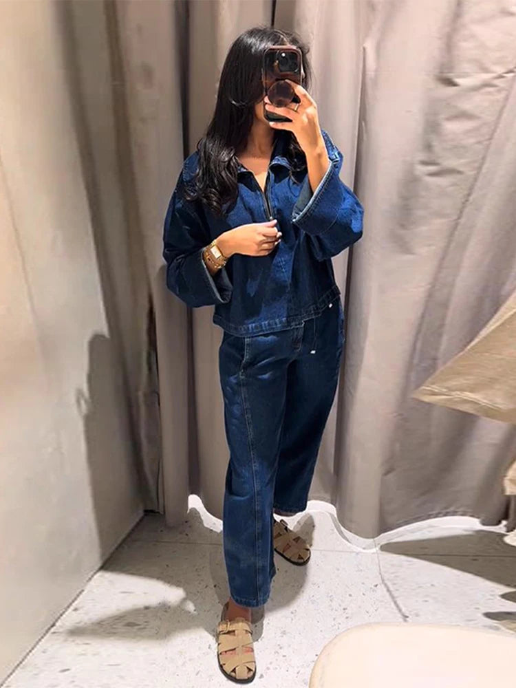 Spring New Women's Trendy Denim Pants Set Lapel Shirt Matching High Waist Straight Wide Leg Jeans Casual Lady Streetwear Outfits
