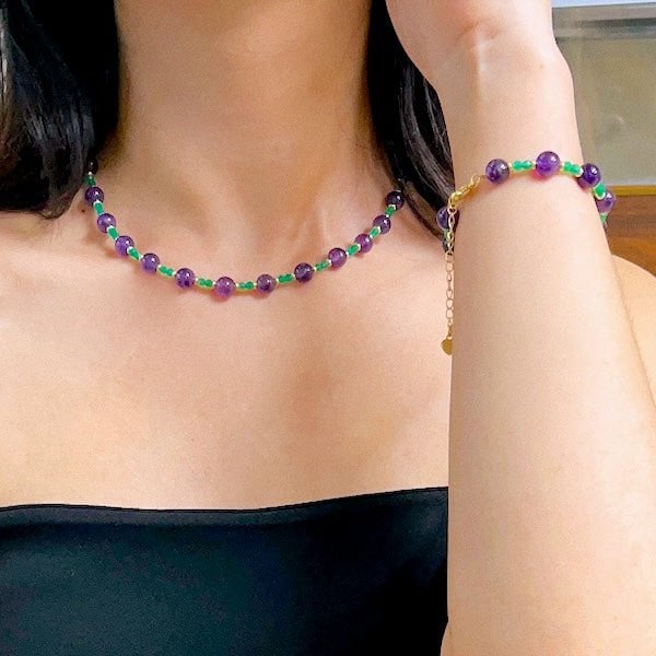 Amethyst-Grüner Onyx-Perlenhalskette und -Armband