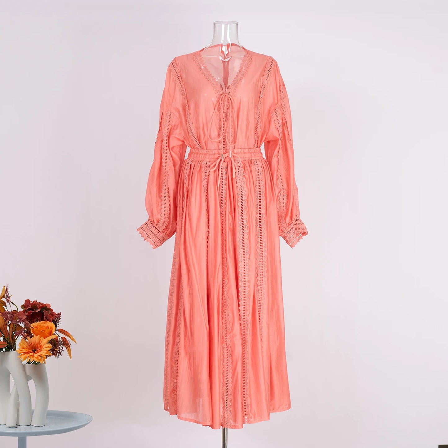 Elegant Hollow Out Maxi Dress 2 Piece Sets Women Big Size Lantern Sleeve Embroidery Shirts + Long Skirts Suits Luxury Outfits
