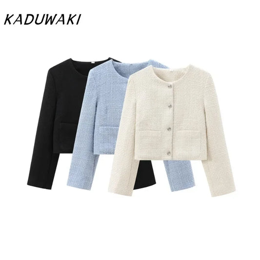 KADUWAKI Fashion Retro Round Neck Long-sleeved Chunky Jackets Casual Ins Classic Loose Outwear Small Perfume Short Coats بلوزات
