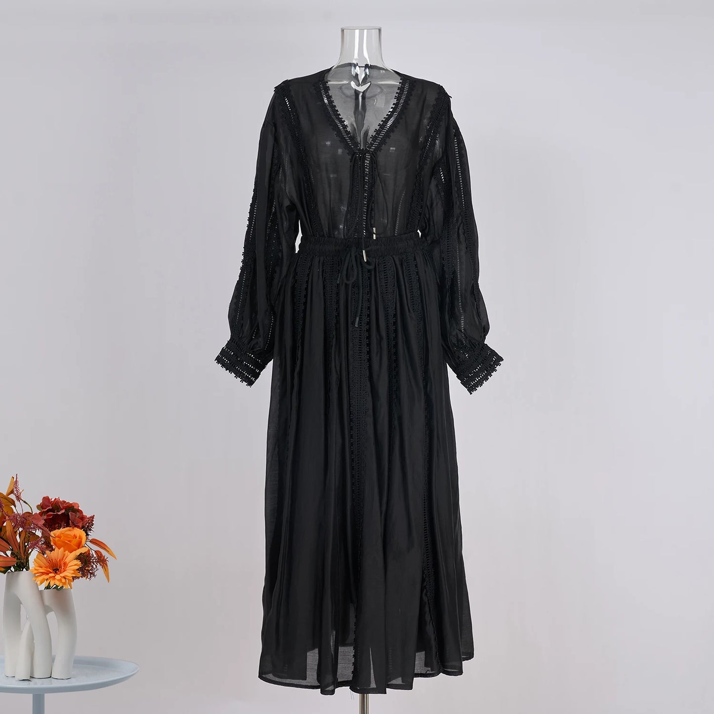 Elegant Hollow Out Maxi Dress 2 Piece Sets Women Big Size Lantern Sleeve Embroidery Shirts + Long Skirts Suits Luxury Outfits