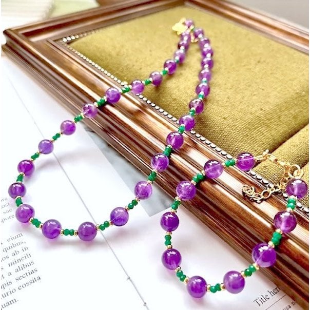 Amethyst-Grüner Onyx-Perlenhalskette und -Armband