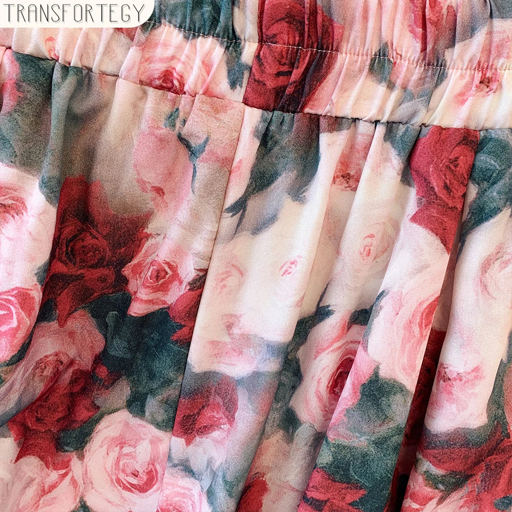 Plus-size women's summer casual commute loose comfortable skirt Flower print A-line high waist elastic waist long skirt large