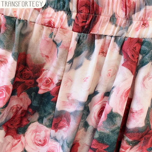 Plus-size women's summer casual commute loose comfortable skirt Flower print A-line high waist elastic waist long skirt large