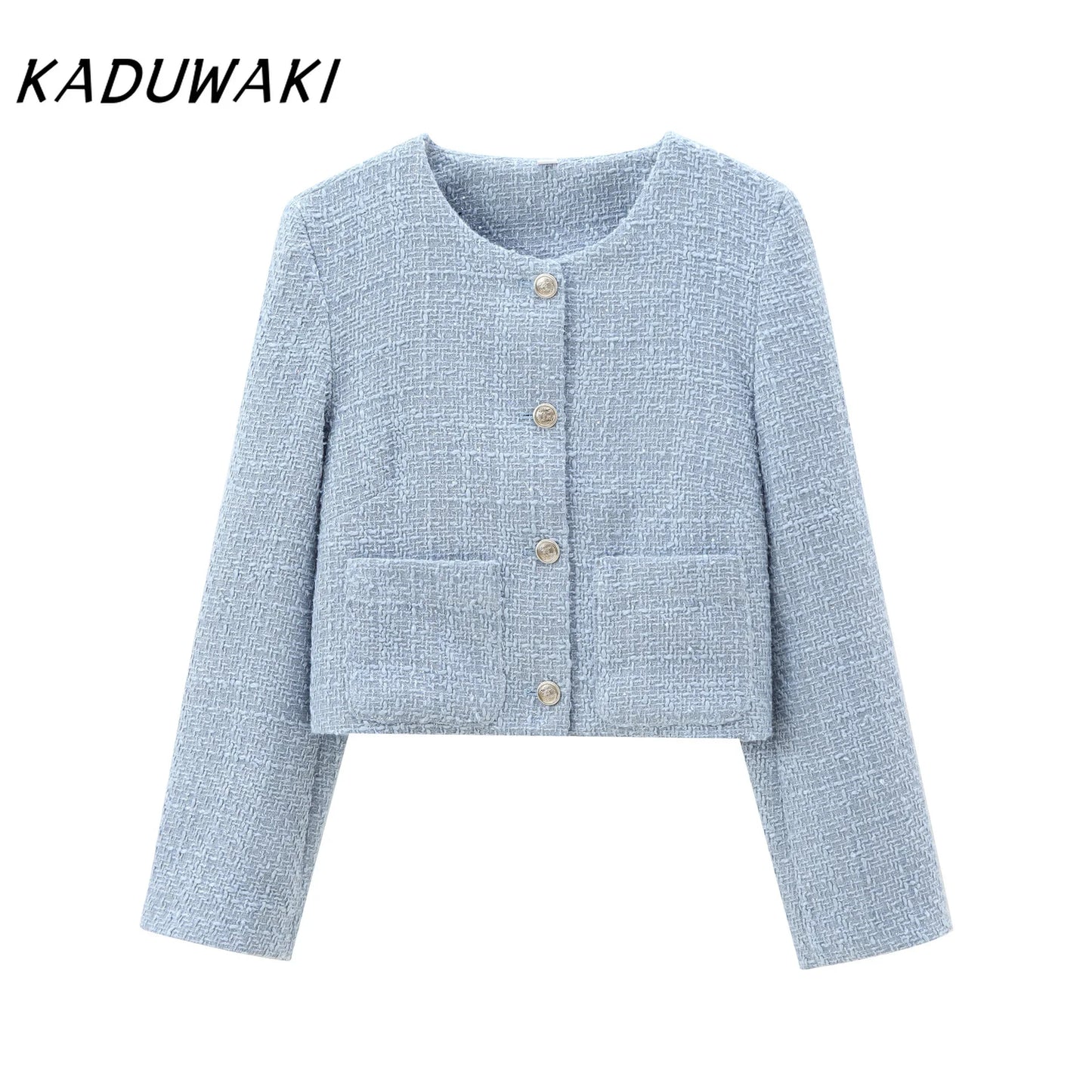 KADUWAKI Fashion Retro Round Neck Long-sleeved Chunky Jackets Casual Ins Classic Loose Outwear Small Perfume Short Coats بلوزات