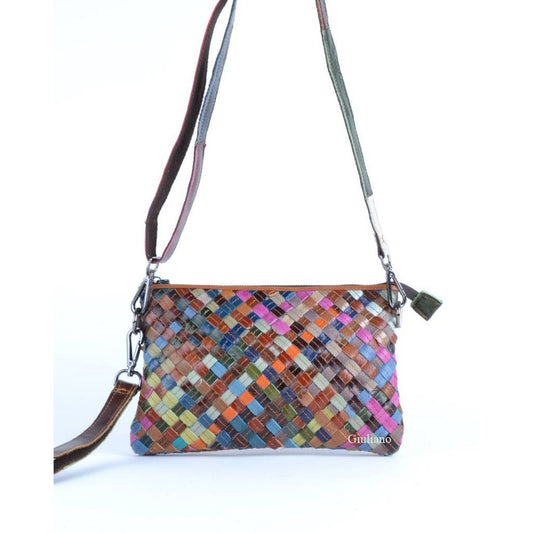 Clutch/Umhängetasche aus Leder | Mehrfarbig geflochten | 552680