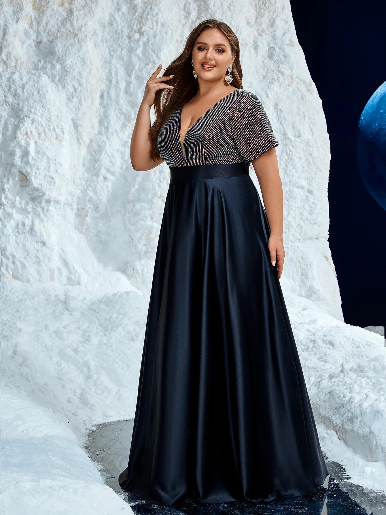 Unithorse Plus Women's V-Neck Glitter Sequin Patchwork Satin Formal Evening Dress