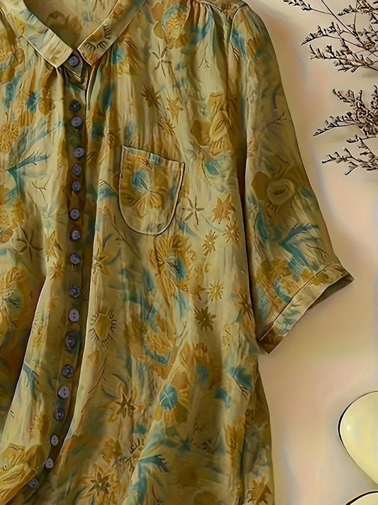 Women's Plus Size Fashionable Printed Pocket Mid Sleeve Lapel Button Casual Commuting Shirt