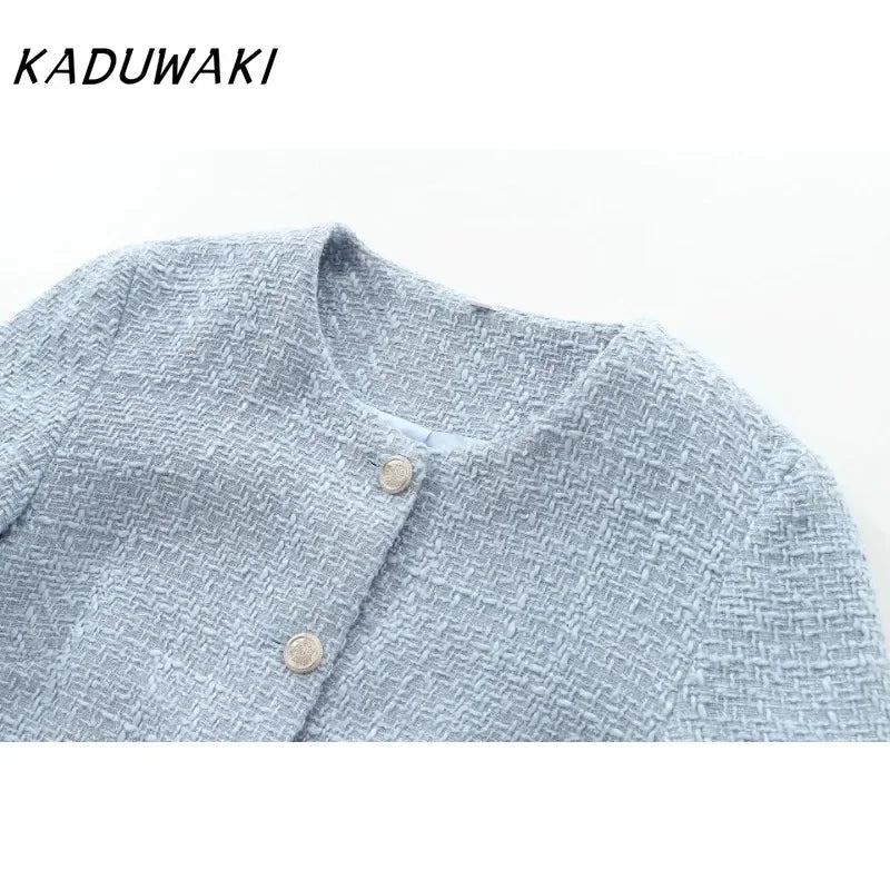 KADUWAKI Fashion Retro Round Neck Long-sleeved Chunky Jackets Casual Ins Classic Loose Outwear Small Perfume Short Coats بلوزات