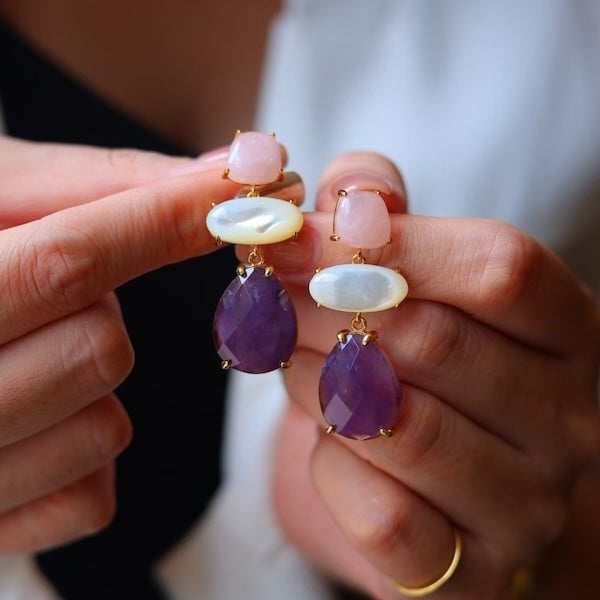 Einzigartige Design-Amethyst-Rosenquarz-Stein-Ohrringe