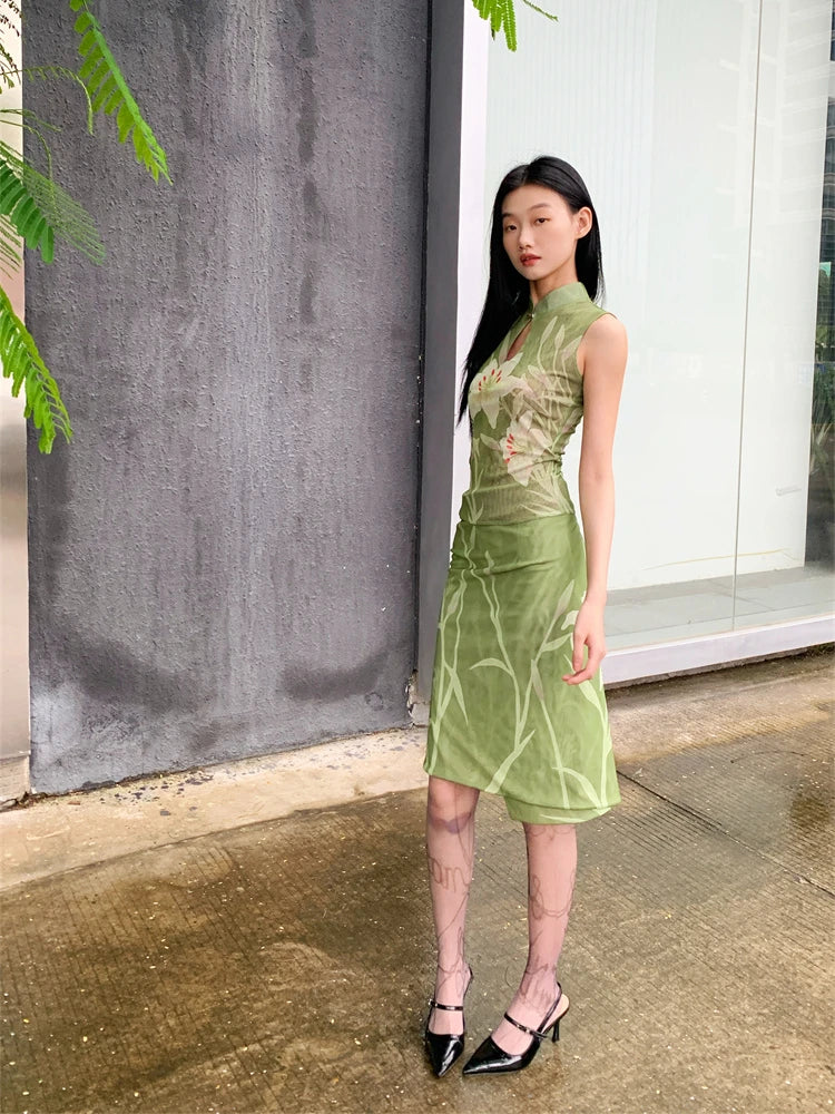 CHEERART Two Piece Set For Women Elegant Summer Outfit Green Lily Floral Vintage Top And Skirt Set Ladies Clothes 2024